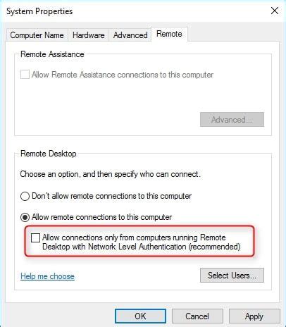 turn on network level authentication